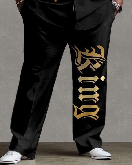 Men's Plus Size Fashion Simple Gold letters King Print Long Sleeve Lel Shirt Two-Piece Set
