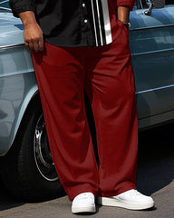 Big Guy's Modern Style POLO Letter with Vertical Splicing Stripe Printed Long Sleeve Shirt Pants Set