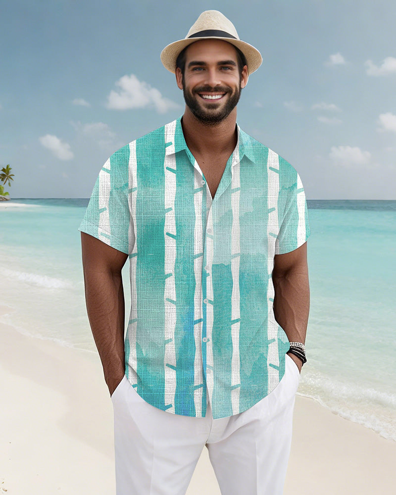 Men's Plus Size Hawaiian Green Slub Print Short-sleeved Slub Shirt