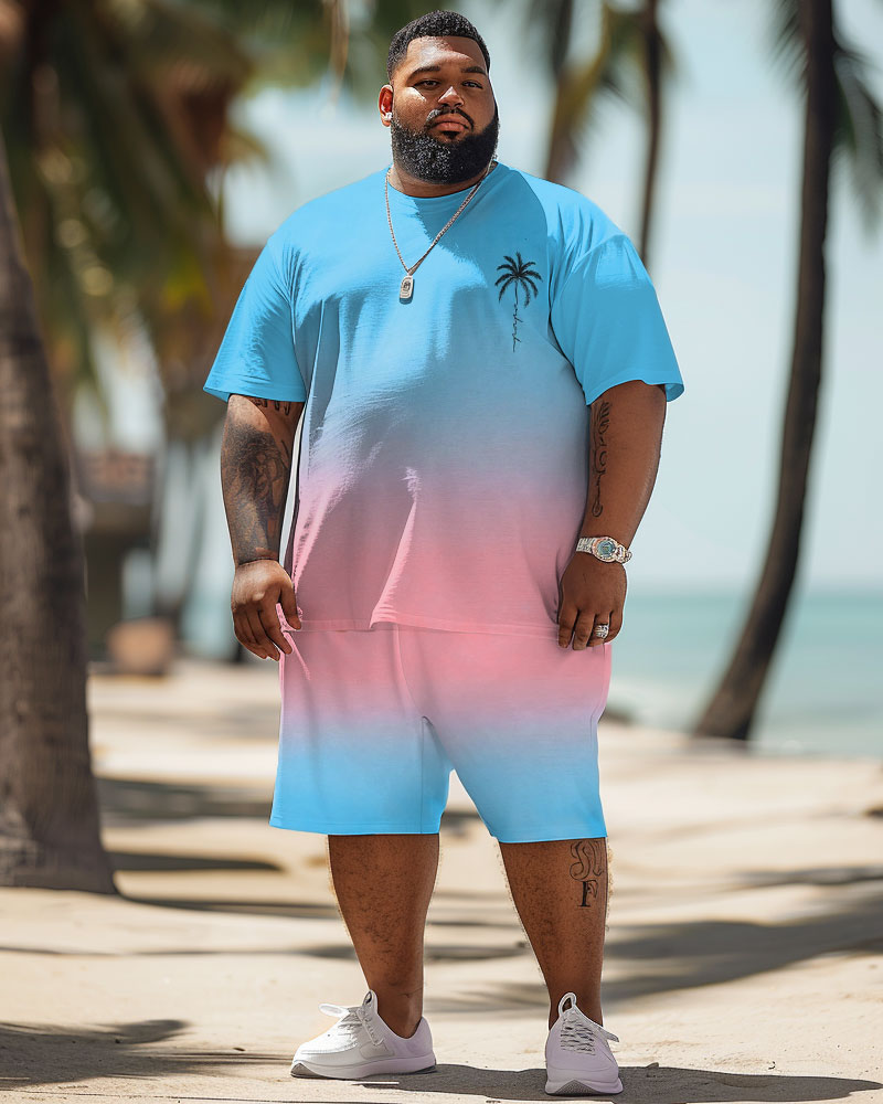 Big Men's Hawaiian Gradient Coconut Tree Print T-Shirt Shorts Set