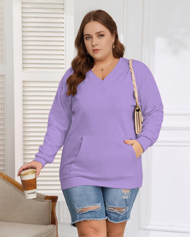 Women's Big And Tall Solid Color V-Neck Kangaroo Pocket Pullover Sweatshirt