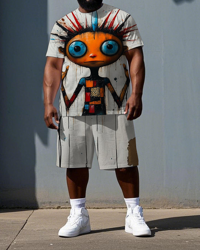 Big & Tall Men's Colorful Splicing Elf Print Summer Short-Sleeve T-shirt and Shorts Set