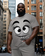 Men's Cartoon Smiley Face Printed Street Fashion Short Sleeve T-shirt Pants 2-Piece Set