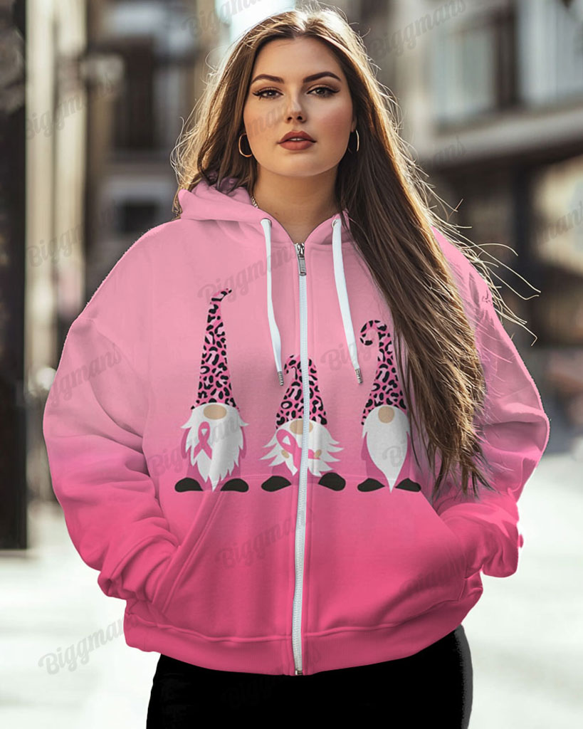 Women's Plus Breast Cancer Awareness Gnome Print Long Sleeve Zipper Hoodie