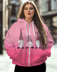 Women's Plus Breast Cancer Awareness Gnome Print Long Sleeve Zipper Hoodie