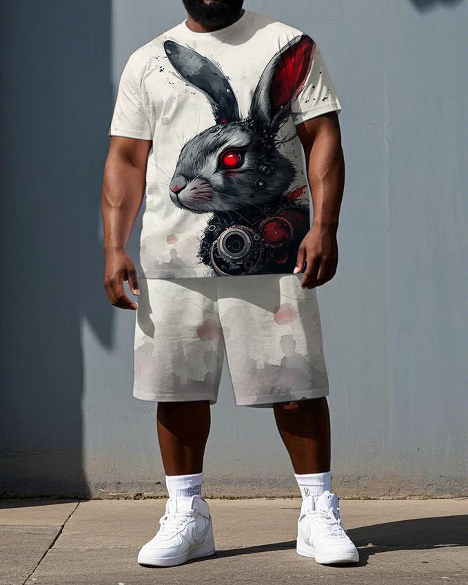 Big & Tall Men's Cartoon Weir Rabbit Print Breathable Short-Sleeve T-shirt and Shorts Set
