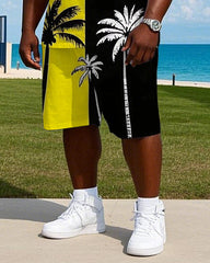 Men's Splicing Coconut Trees silhouette Printed Casual Big Size Short Sleeve T-shirt Shorts Set