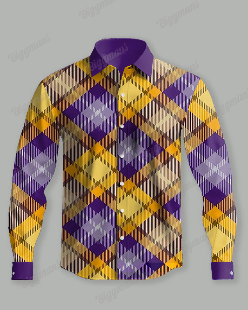 Men's Big & Tall Purple And Yellow Plaid Color Matching Lapel Long-Sleeved Shirt