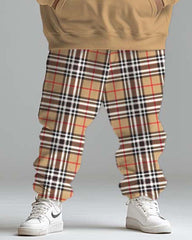 Men's Street Fashion Classic Plaid Spliced Big Hoodie Set