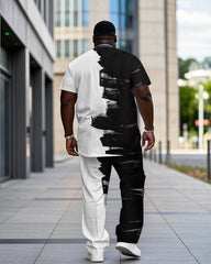 Big Guy’s White & Black Brush Chest Letter Print Short Sleeve T-Shirt Trousers Set