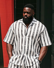 Big Man's Simple Stripe Stitching Color Block Printing Short Sleeve Shirt Shorts Suit
