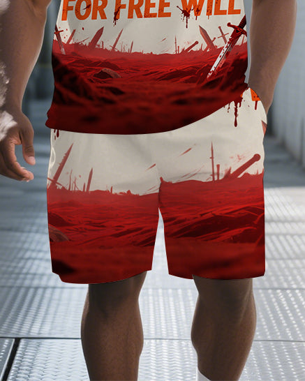 Big Men's WARRIOR Theme Battlefield Gradient Short Sleeve Polo Shirt and Shorts Set