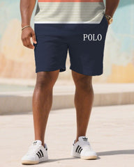 Big & Tall Men's Summer Dark Blue & White & Orange Striped Polo Short Sleeve Shirt Shorts Suit