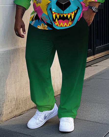 Big Guy's Casual Cartoon Bear Graffiti Gradient Effect Lapel Long Sleeve Shirt Pants Set