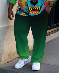 Big Guy's Casual Cartoon Bear Graffiti Gradient Effect Lapel Long Sleeve Shirt Pants Set