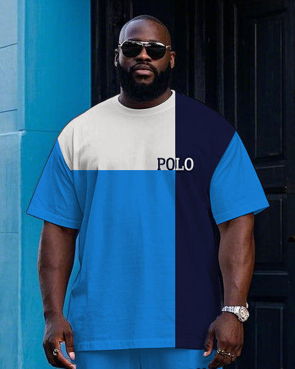 Big Men's Casual Splicing Blue Color Block POLO Printed Short Sleeve T-shirt Drawstring Pants Set