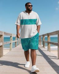 Men's Plus Size Hawaiian Coconut Leaf Patchwork Printed Henry Collar Short Sleeve T-Shirt Shorts Suit