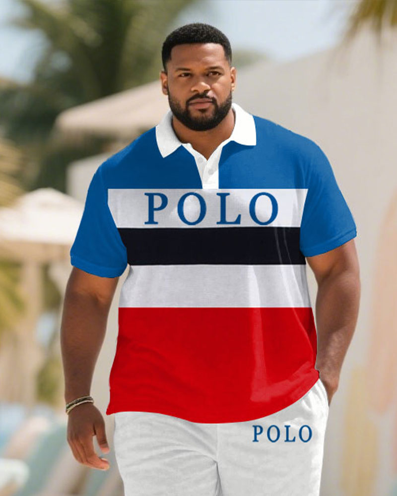Men's large size Blue & Red & White & Black Patchwork Chest Logo Print Short-sleeved polo shorts set
