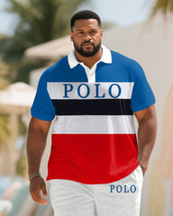 Men's large size Blue & Red & White & Black Patchwork Chest Logo Print Short-sleeved polo shorts set