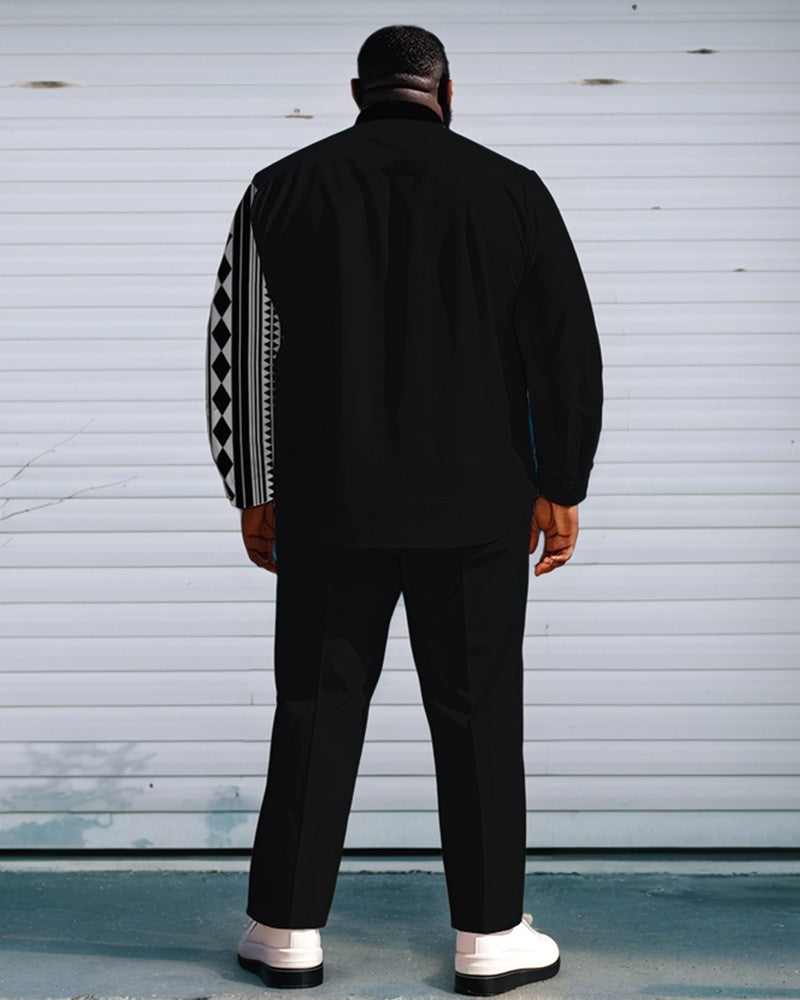 Men's Plus Size Black Spell Geometric Print Long Sleeve Shirt Trousers Suit