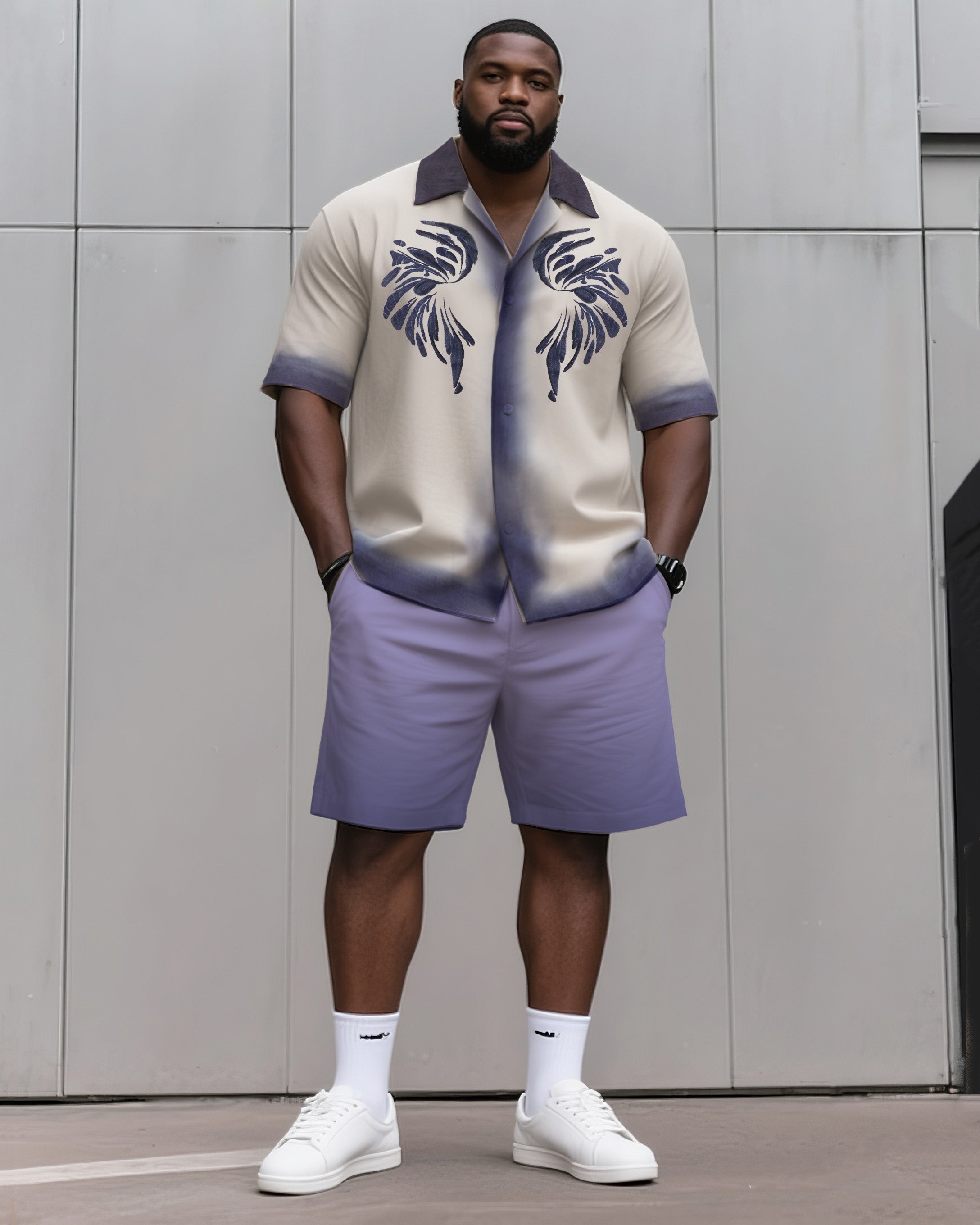 Big & Tall Men's Daily Leisure. Artistic Gradient Creative Print Shirt Shorts Suit