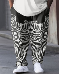 Men's Large Size Street Retro Color Matching Zebra Hip-Hop Casual Two-Piece Set