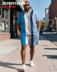 Men's Plus Size Business Blue Stripe Print Short Sleeve Polo Shirt Shorts Suit