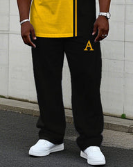 Men's Plus Size Comfortable Casual Black & Yellow Small Label Printed Short-sleeved T-shirt Trousers Suit