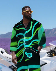 Big Men's Abstract Gradient Cell Printed Long Sleeve Shirt Pants 2-Piece Set