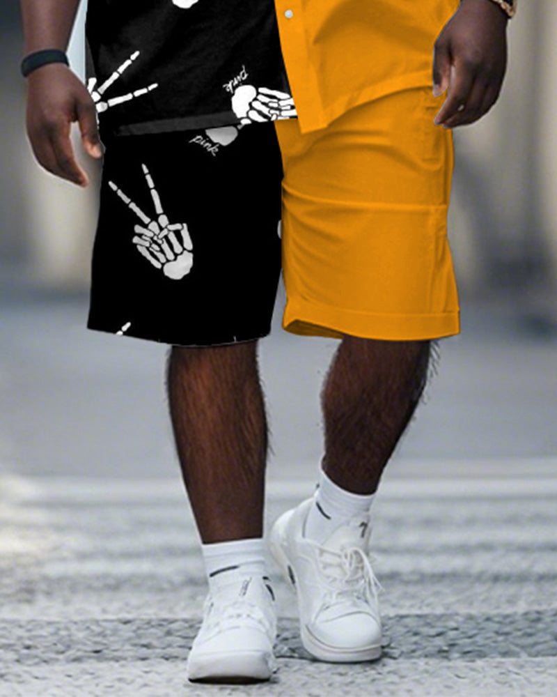 Men's Plus Size Street Fashion Black And Yellow Colorblock Skull Gesture Printed Shirt Shorts Suit
