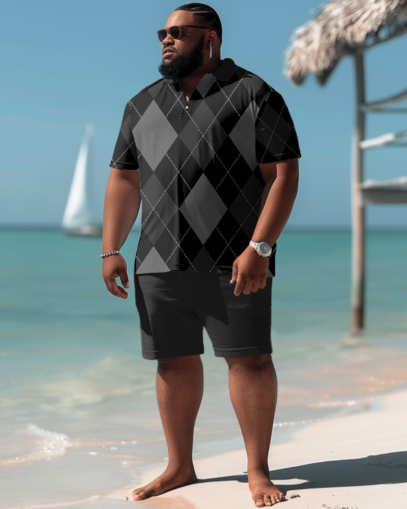 Men's Big and Tall Casual Diamond Plaid Polo Shorts Set