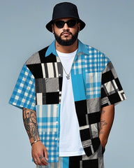 Men's Daily Casual Splicing Plaid Style Big Size Short Sleeve Shirt and Shorts Set