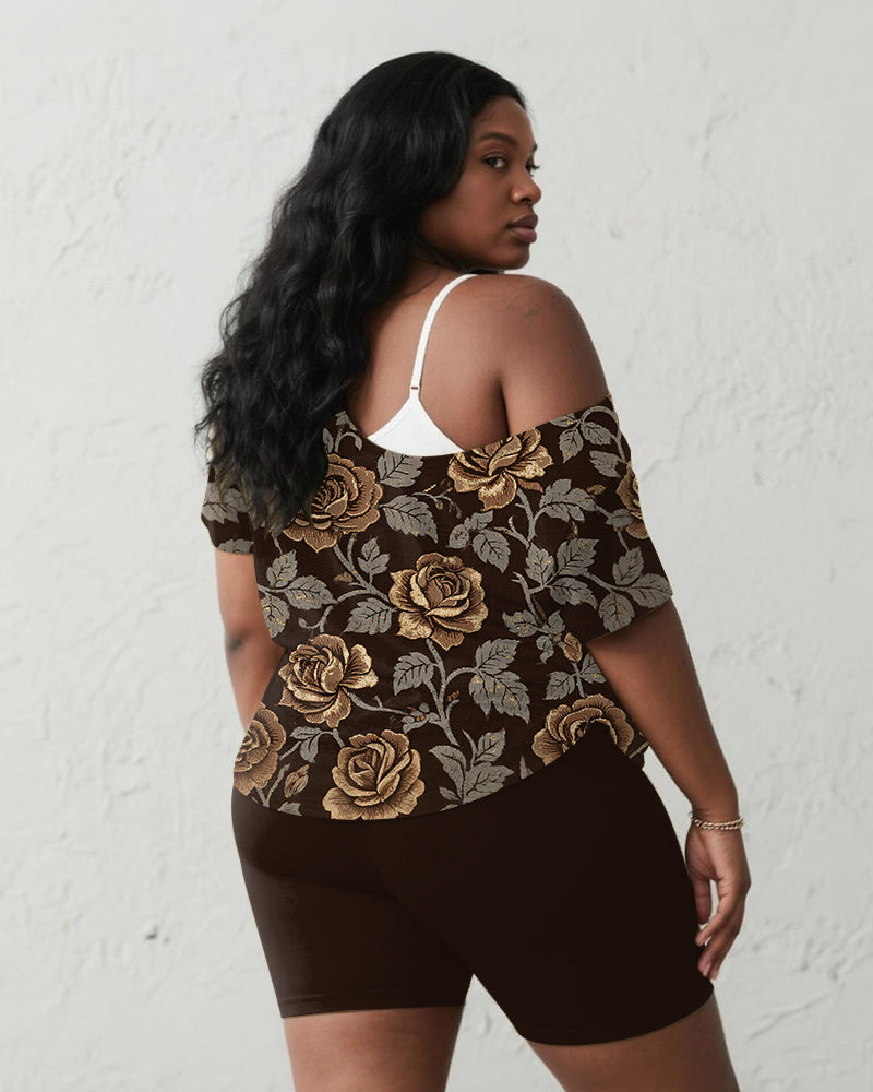 Women's Plus Size Daily Casual Retro Brown Rose Print Short Sleeve Shorts Suit