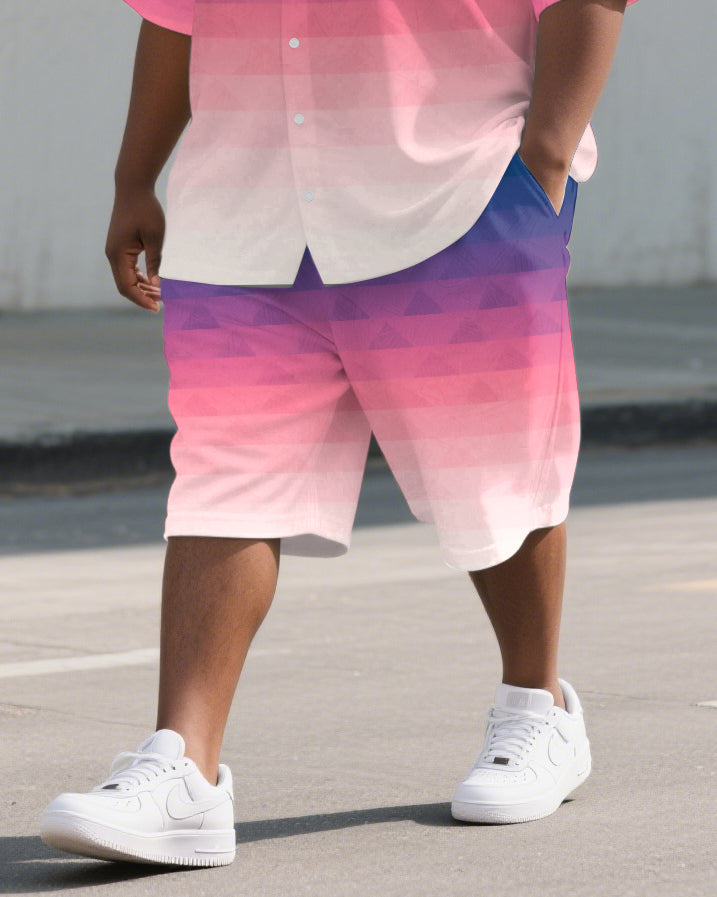 Big Guy's Pink Theme Layered Gradient Style 2-Piece Short-Sleeve Shirt & Shorts Suit