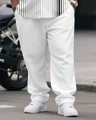 Men's Plus Size Business Gray Gradient Stripe Print Short Sleeve Shirt Trousers Suit