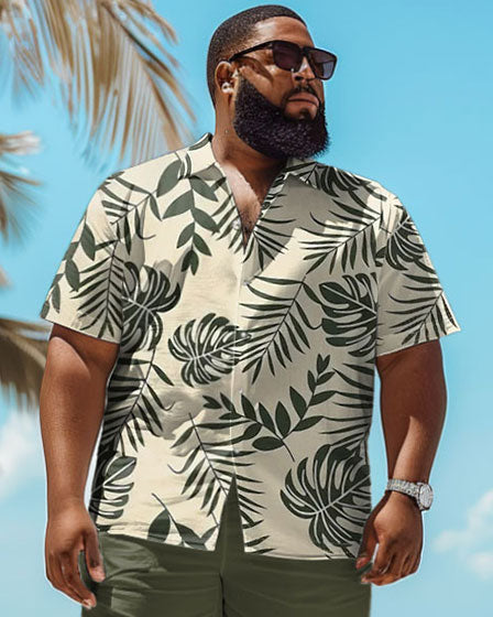 Big Guy Hawaiian Tropical Leaf Print Green Shirt Shorts Set