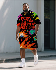 Big Men's Cartoon Letter Graffiti PRISON Theme Short Sleeve Polo Shirt Shorts Casual Set