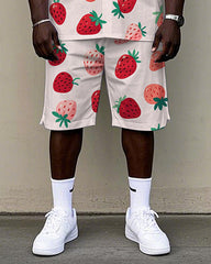 Men's Casual Cute Cartoon Strawberry Printed Big and Tall Cuban Collar Short Sleeve Shirt Shorts Set