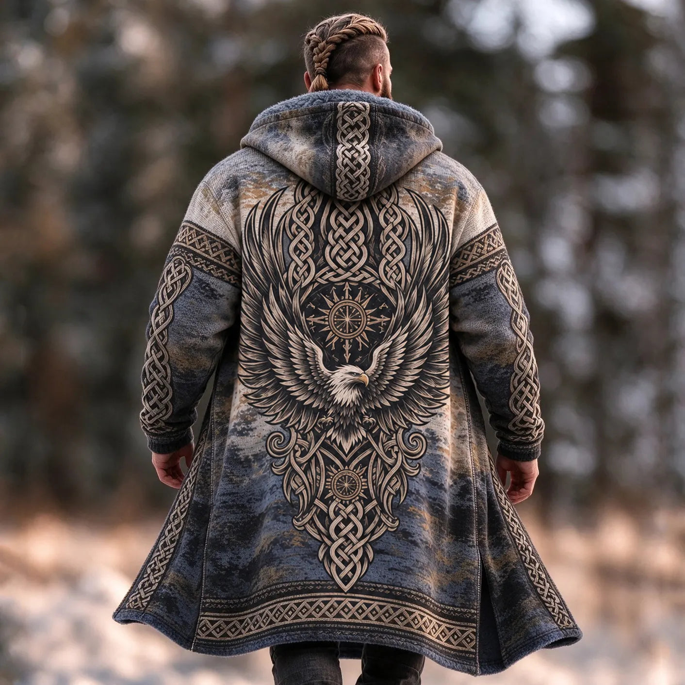 Men's Vintage Viking Eagle Celtic Knot Art Print Fleece-lined Warm Zip Up Hooded Coat
