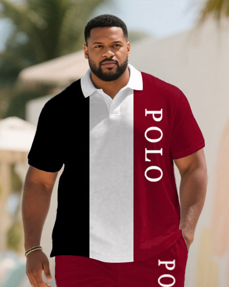 Big & Tall Men's Summer Black & White & Red Striped Polo Short Sleeve Shirt Shorts Suit