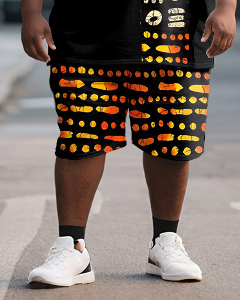 Men's Plus Size Black Orange Geometric Print Short Sleeve T-Shirt Shorts Suit