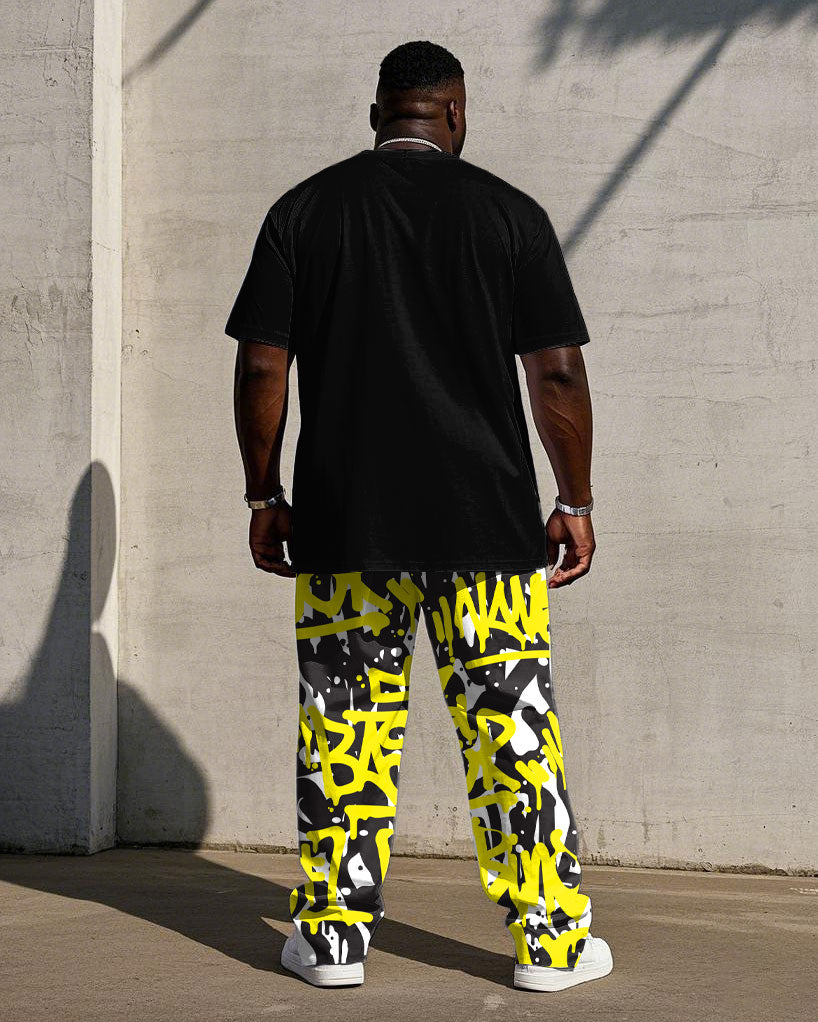 Men's Plus Size Street Fashion Graffiti Chest "K" Print Short Sleeve T-Shirt Trousers Suit