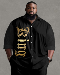 Men's Plus Size Fashion Simple Gold letters King Print Long Sleeve Lel Shirt Two-Piece Set