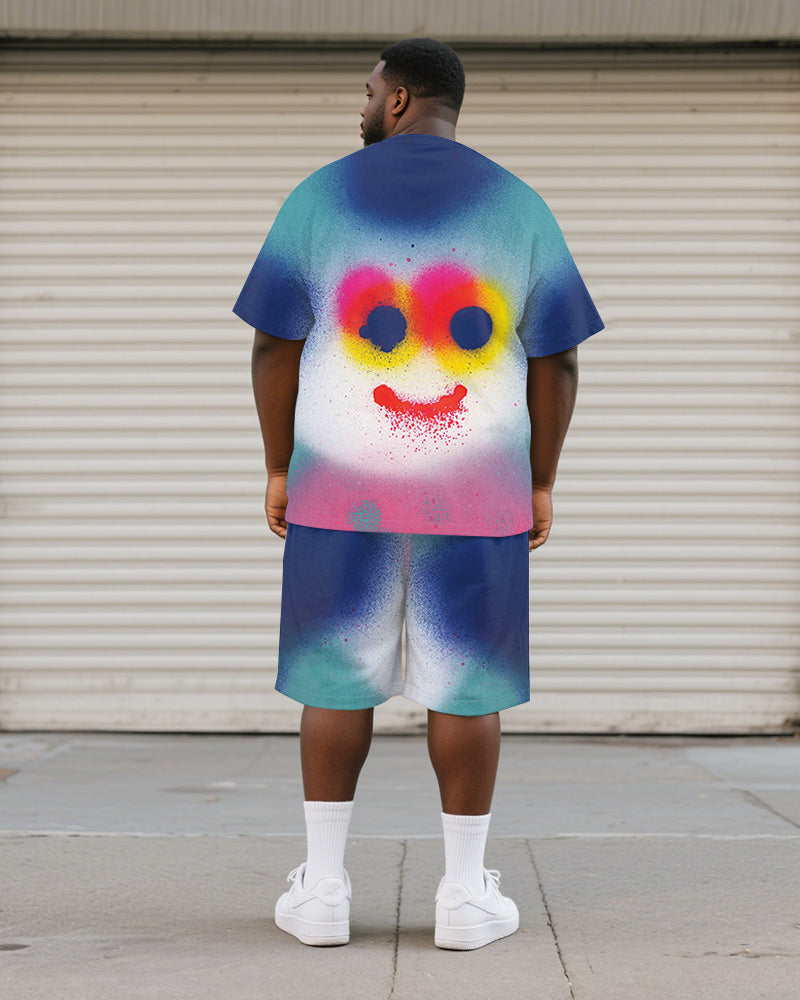 Big & Tall Men's Blue Simi Graffiti Print Round Neck Short Sleeve T-Shirt Shorts Suit