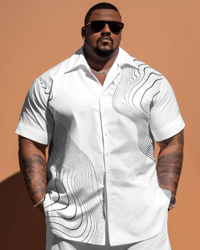 Men's Large Size Simple Line Short Sleeve Shirt Shorts Set