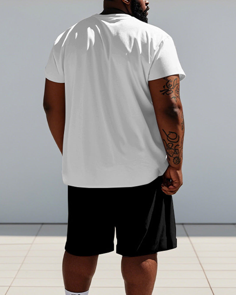 Men's Plus Size Black And White Simple Pen Line Bear Print Short Sleeve T-shirt Shorts Suit