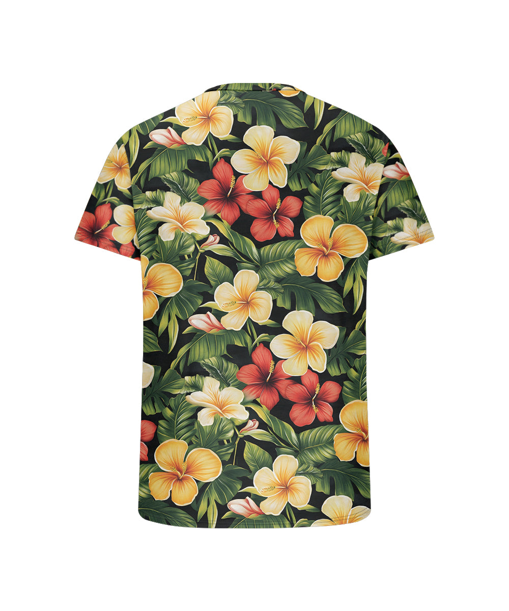 Men's Plus Size Hawaiian Red And Yellow Floral Print Henry Collar Button Short Sleeve Tee