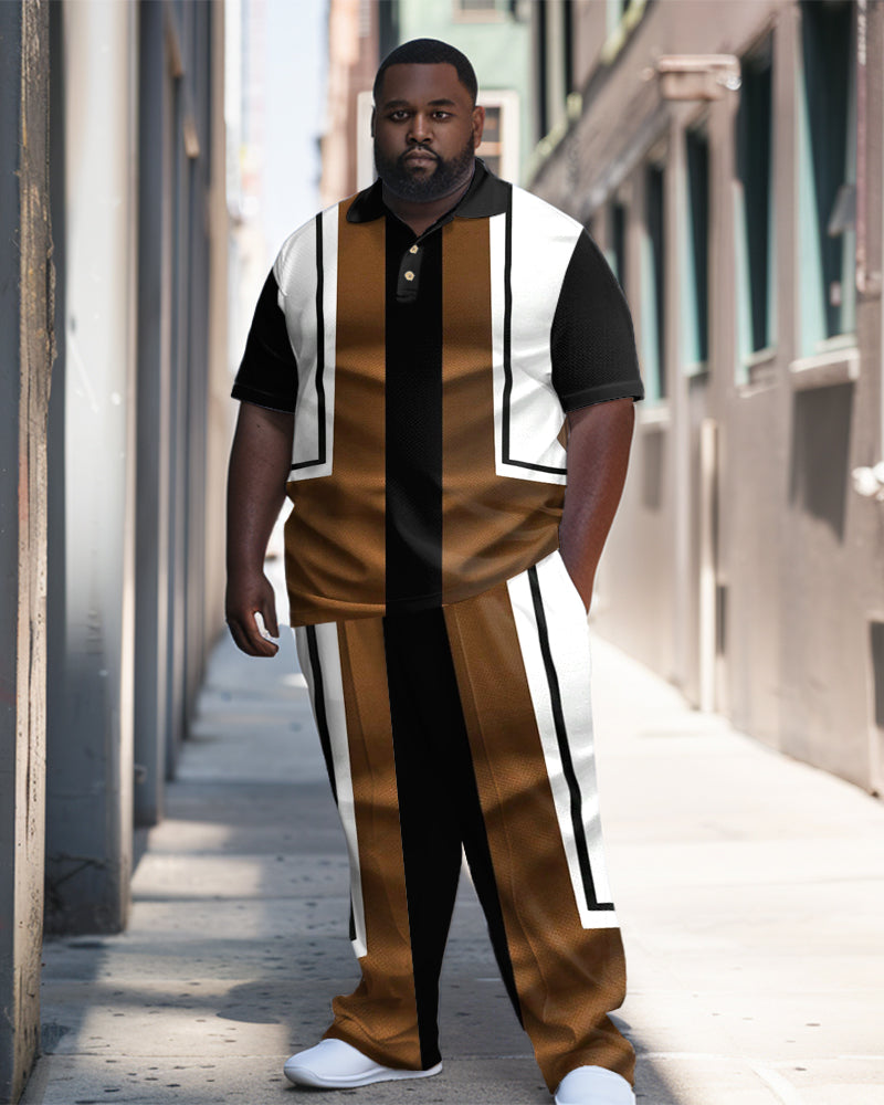 Big Men's Simple Stripe Colorblock Polo Shirt Trousers Set
