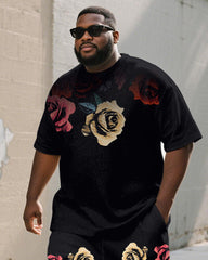 Men's Plus Size Street Graffiti Rose Print Round Neck Short Sleeve T-Shirt Shorts Suit