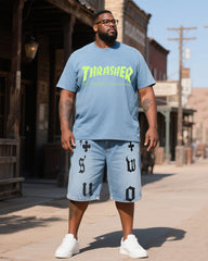 Big & Tall Men's Alphabet Print Short Sleeve Shorts Denim Suit